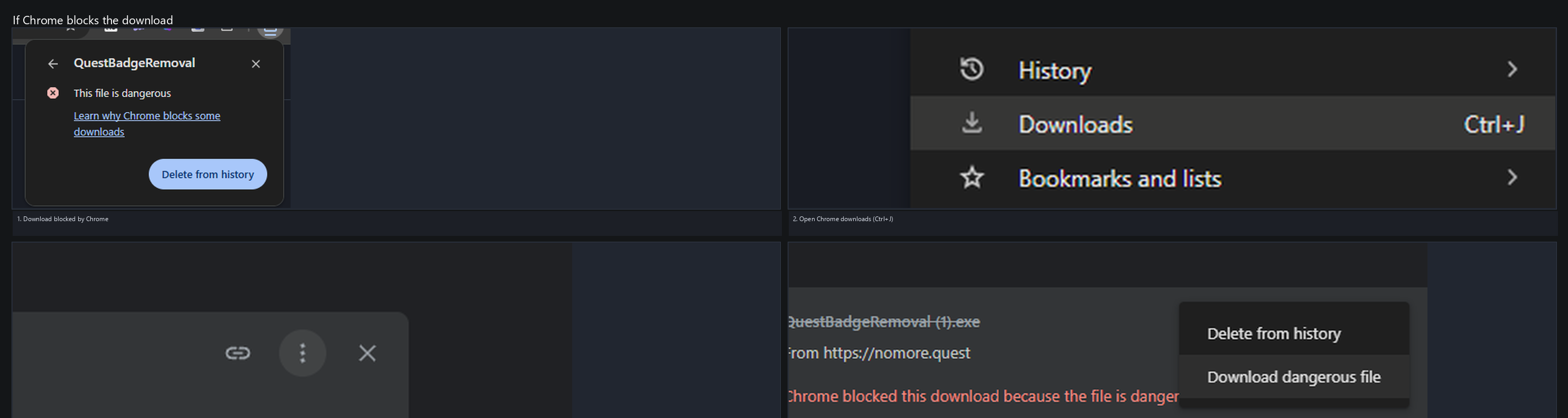 Four screenshots: Chrome blocking the download, opening the downloads page with Ctrl+J, finding the blocked file, and right-clicking it to choose Download dangerous file.